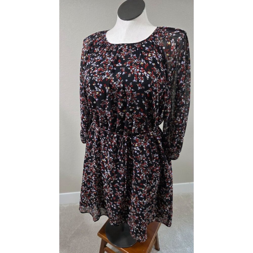 Floral Black Long-Sleeve Mini Dress With belt on Waist & Back Button Closure Wom
